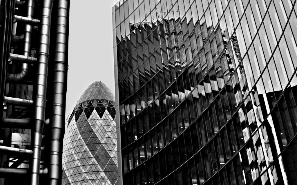 Lloyds, Gherkins and Reflections by andycoleborn