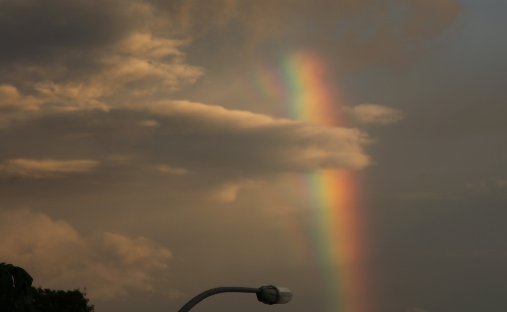 rainbow from m balcony at sunrise - lightpole photobomber strikes again by lbmcshutter