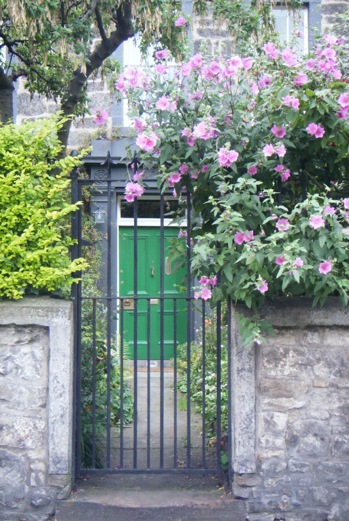 Green Door With Pink Flowers by sunny369