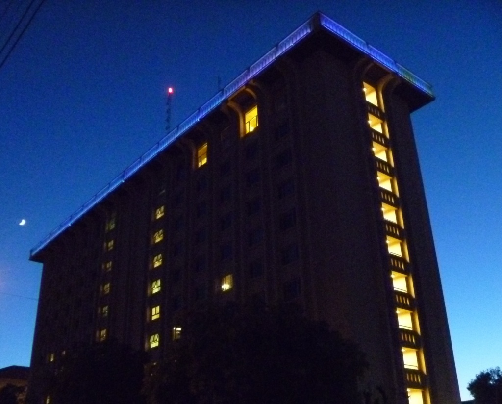 University dorm building illuminated by handmade