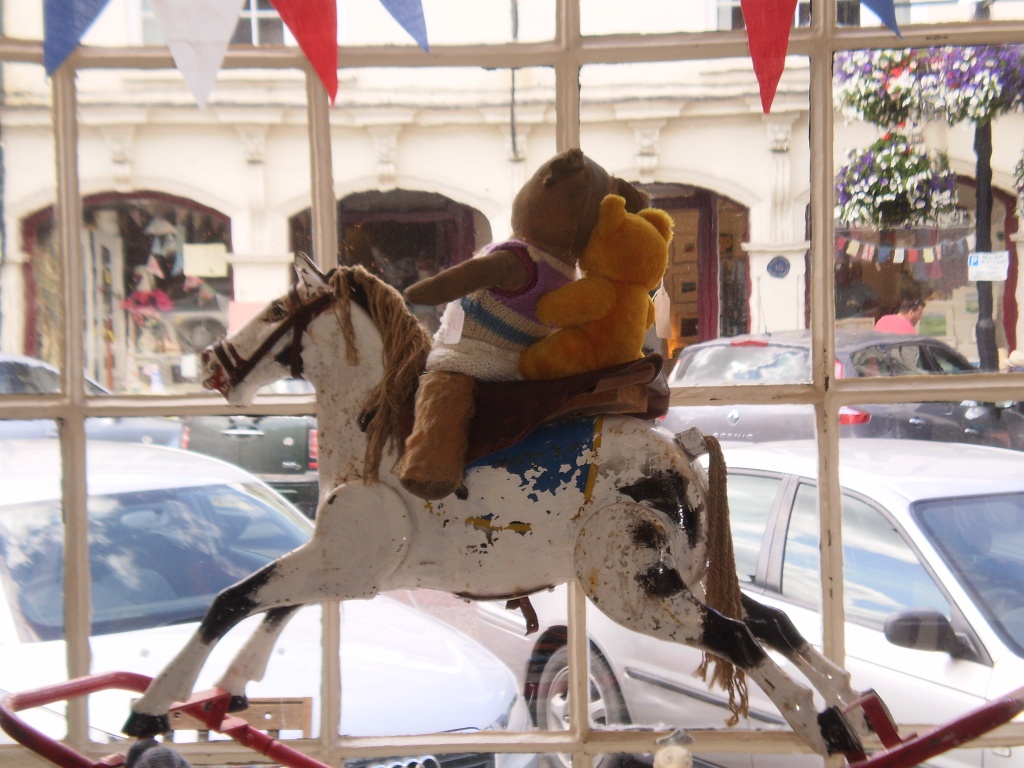 Teddy's having a ride on the rocking horse.  by snowy