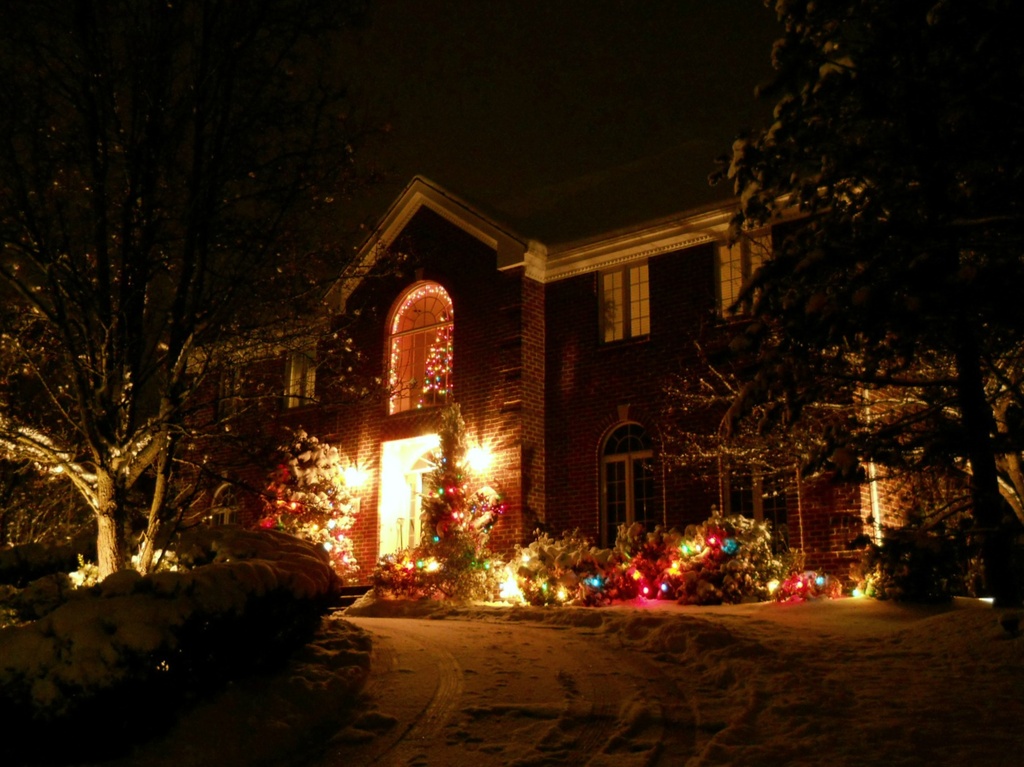 Christmas lights with snow by mittens
