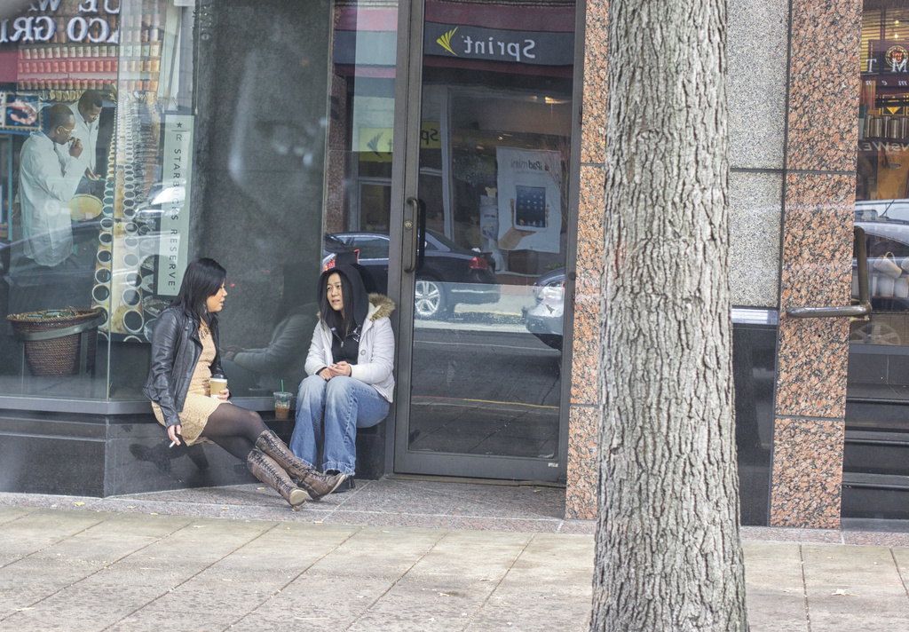 A Smoke Break On A Cold Day In Front Of A Starbucks. by seattle