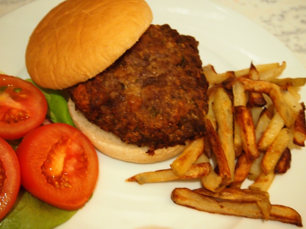 homemade burger and fries by bizziebeeme