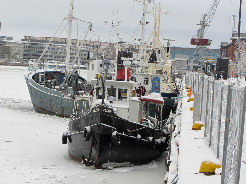 Small ships in winter in Ruoholahti, Helsinki by annelis