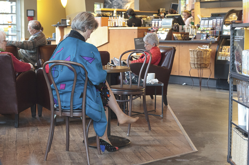 Coffee At Starbucks This Morning On Mercer Island, Loved This Woman's Coat, Dress and Shoe!  Happy Friday! by seattle