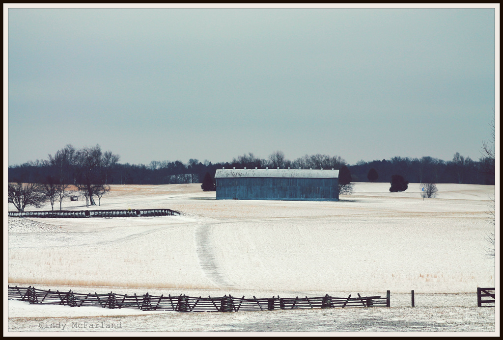 Blue Barn in the Snow by cindymc