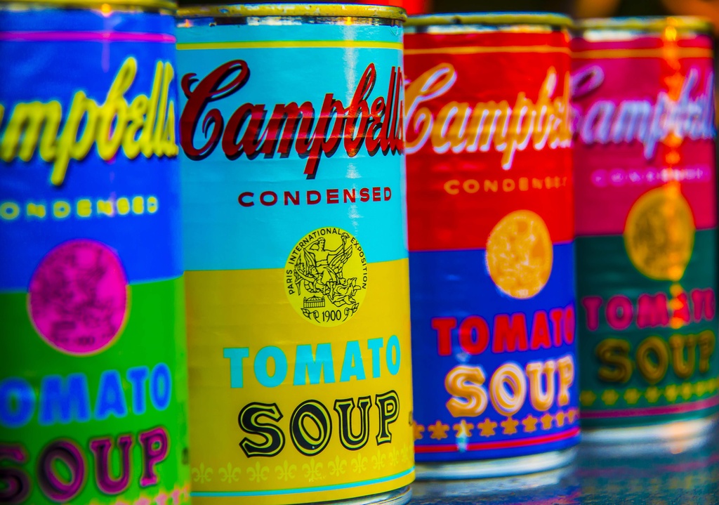 Four coloured Campbell's Soup Cans by corymbia