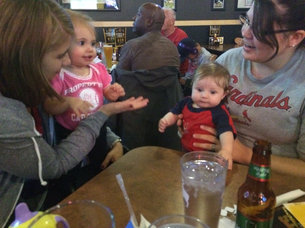 Cheering on the Cardinals with her friend Wyatt. Oh, and Adalyn took her first steps today...no big deal by mdoelger