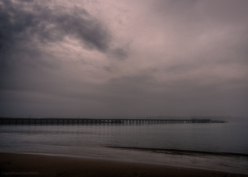 Fog At the Winchester Bay Pier As the Sun Goes Down  by jgpittenger