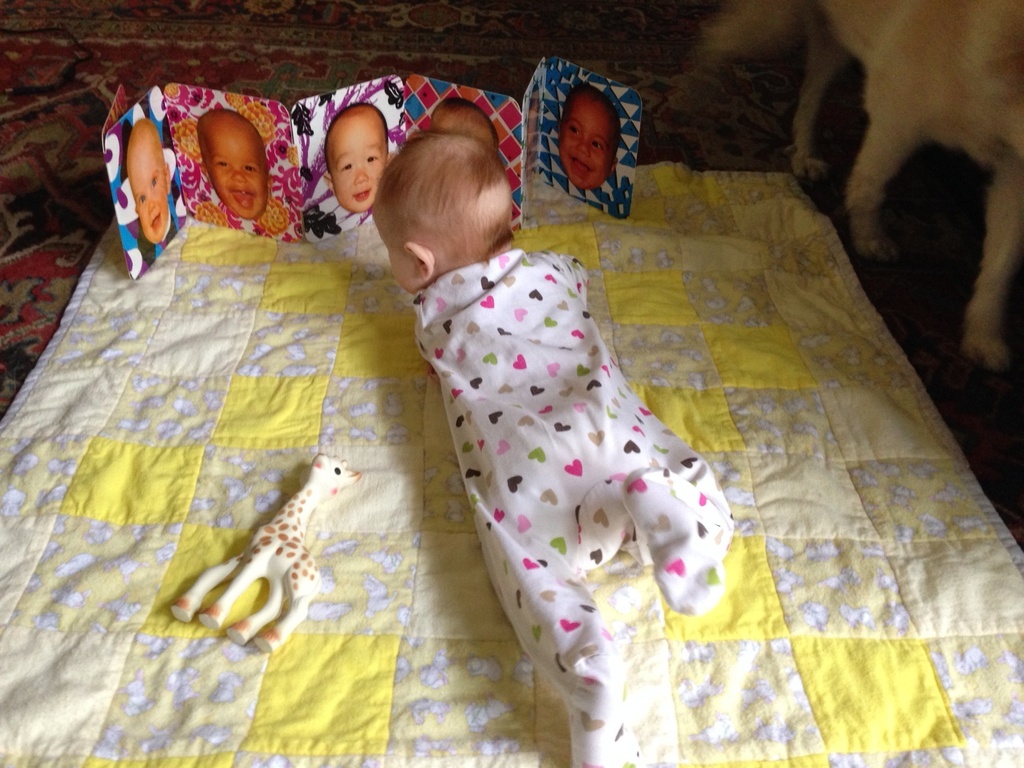 Working on tummy time (and notice how Chase makes sure to walk around the blanket, not on it) by doelgerl