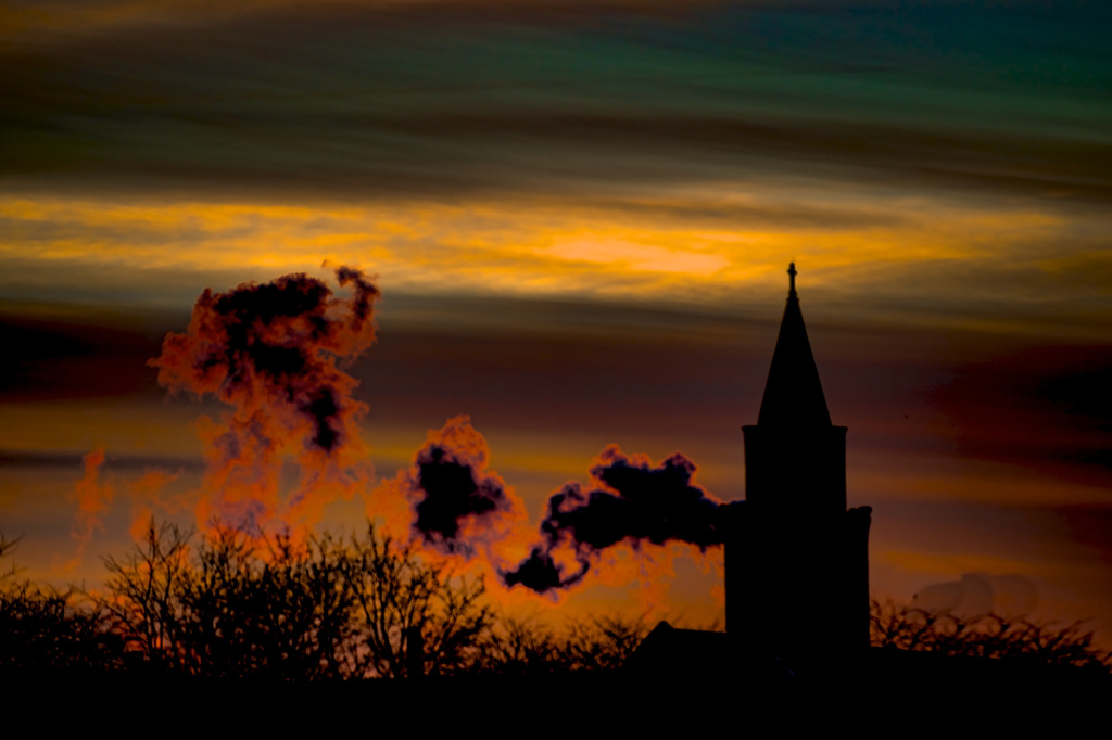 Sun + Smoke + Steeple + Sky by taffy