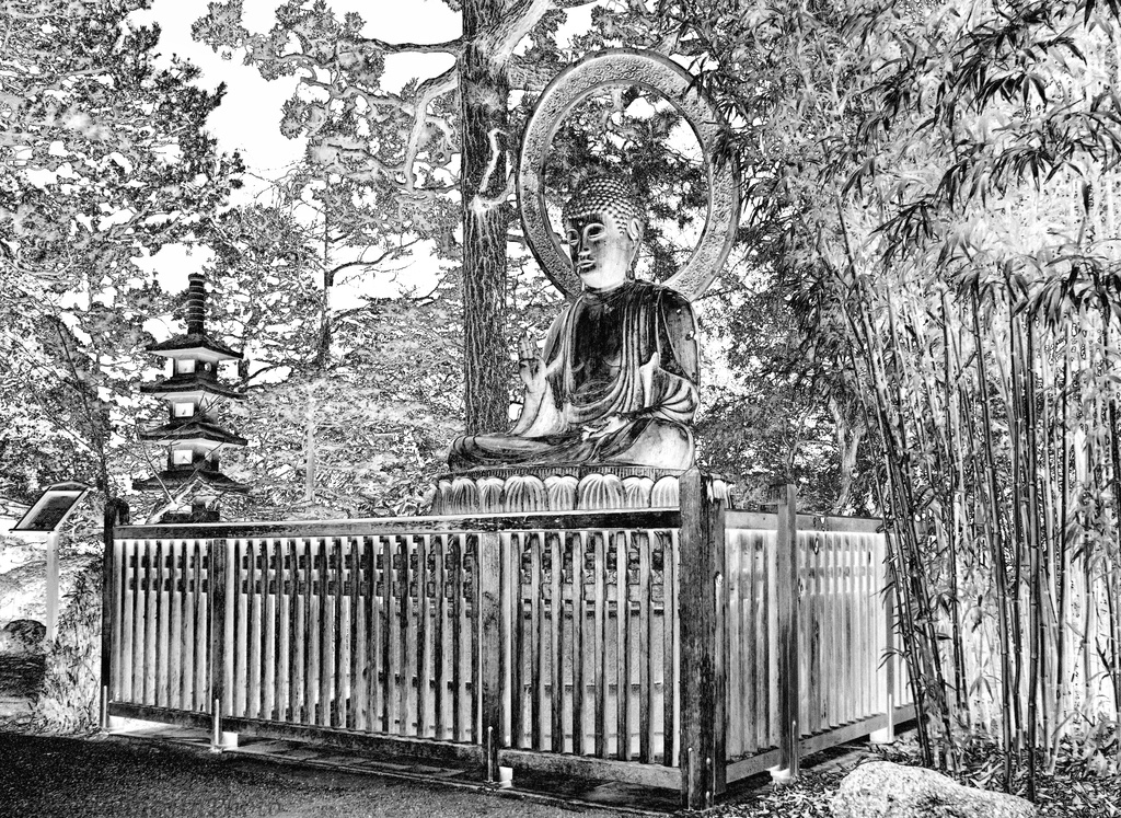 Buddha In Japanese Gardens Black and White by jgpittenger