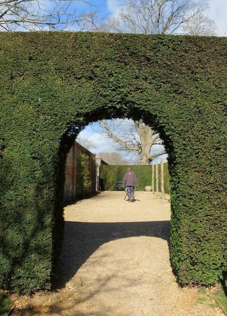through the arch: gardener with wheelbarrow by quietpurplehaze