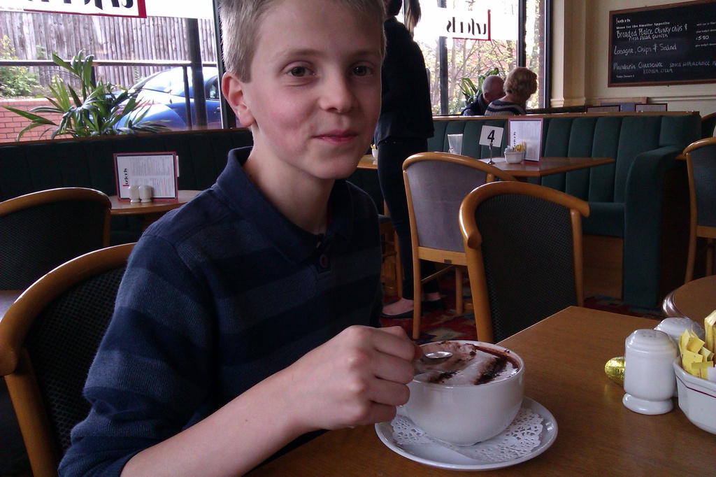 Harry enjoying a hot chocolate with Grank! by jennymdennis