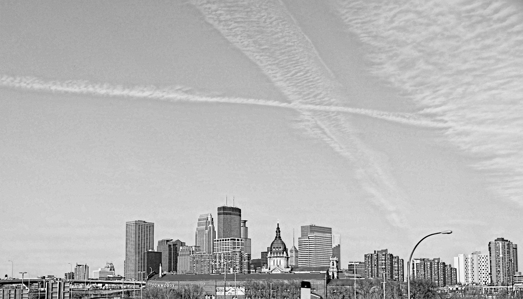 Minneapolis Skyline from a Speeding Car by tosee