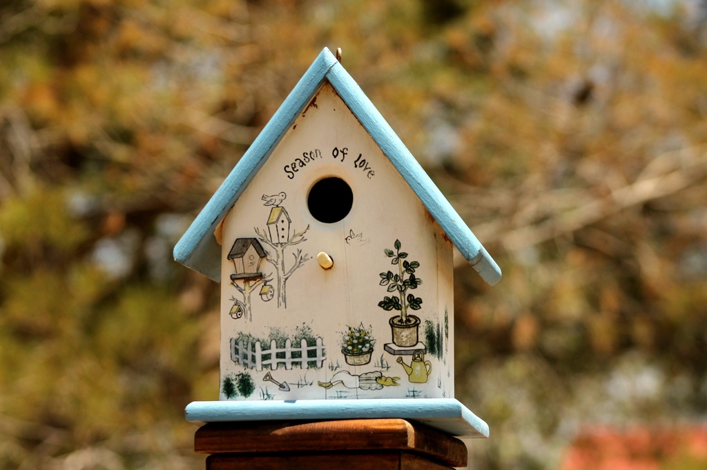 Blue and white birdhouse by judyc57