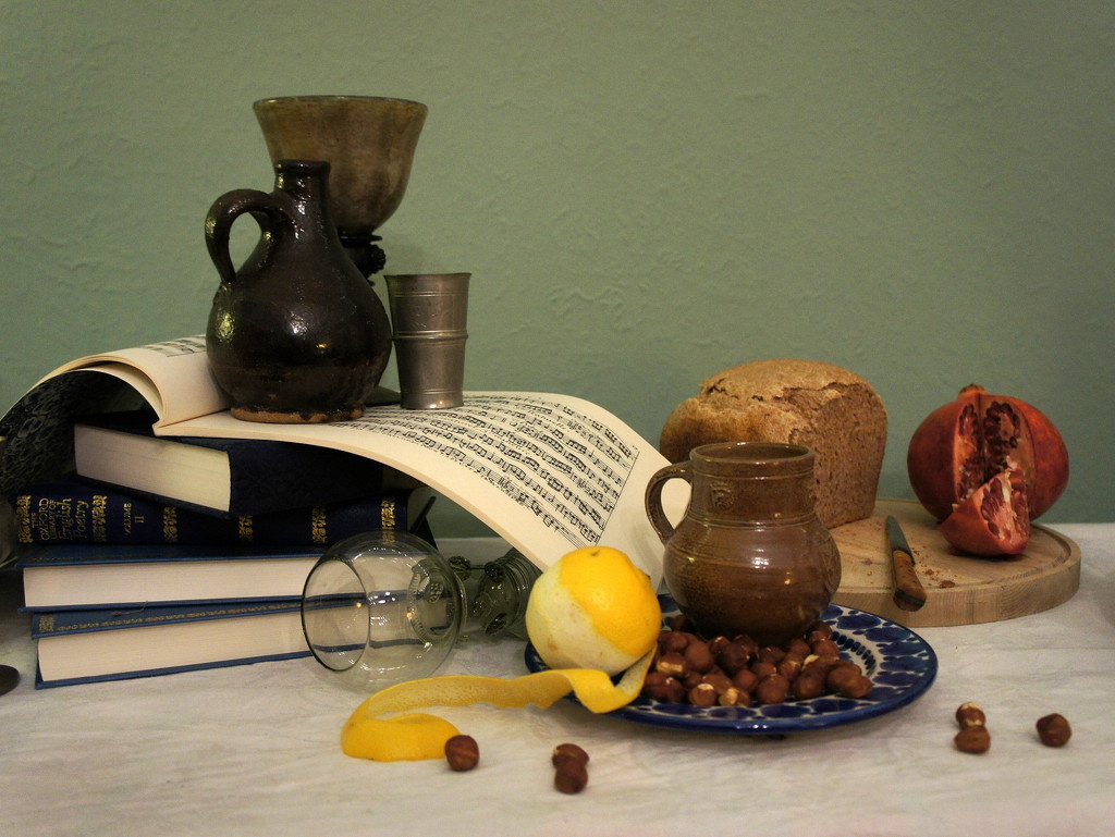 Still life with lemon, hazelnuts and pomegranate by boxplayer