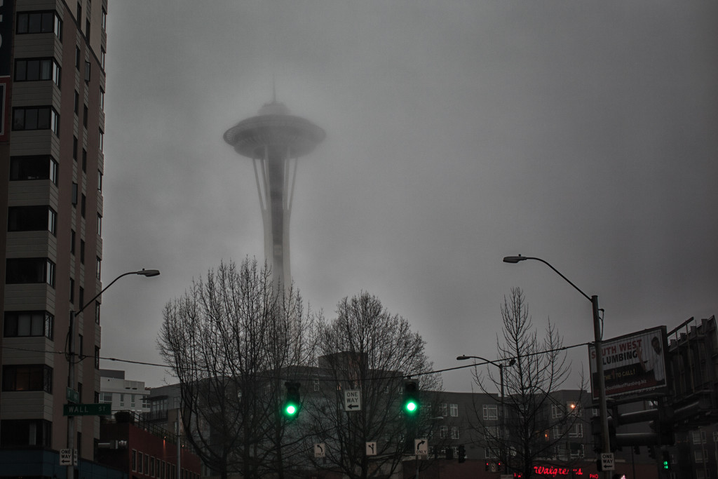 Dark Foggy Day In The City And The Seahawks Play In Ninty Minutes... by seattle