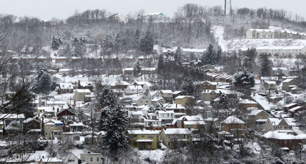 Houses on a hill with snow by mittens