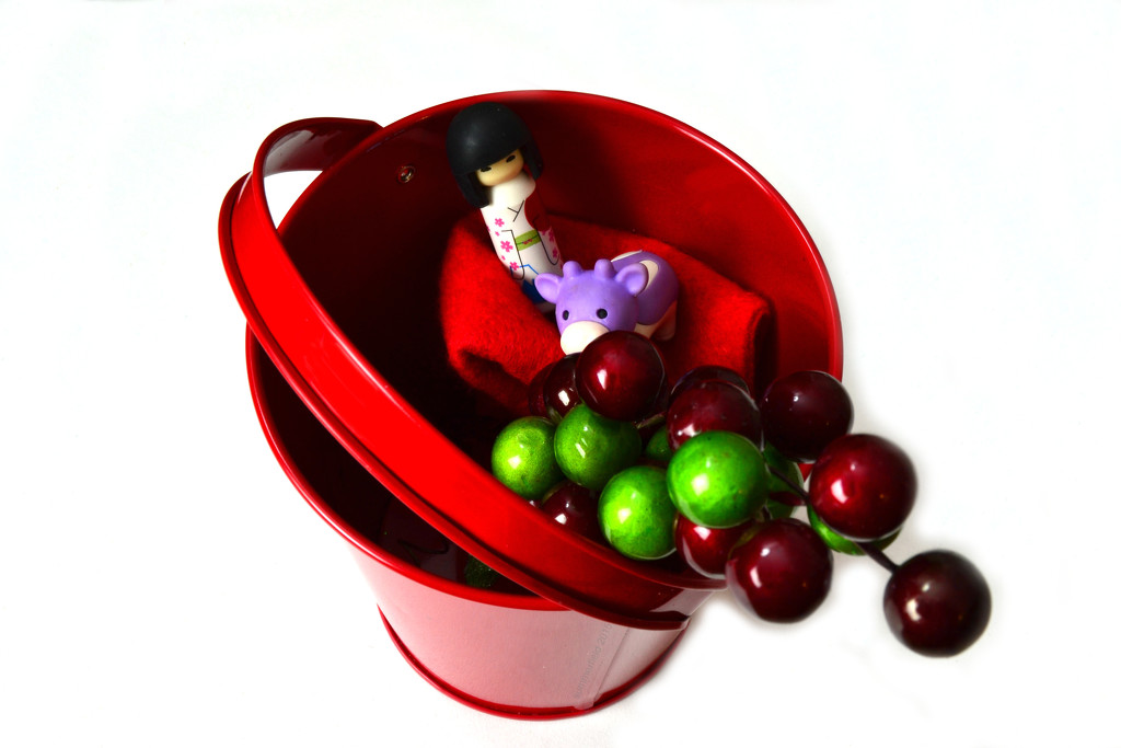 red bucket with toys and berries by summerfield