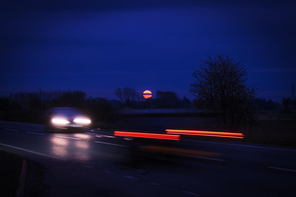 Day 094, Year 3 - Pink Moon Rising, On The A47 by stevecameras