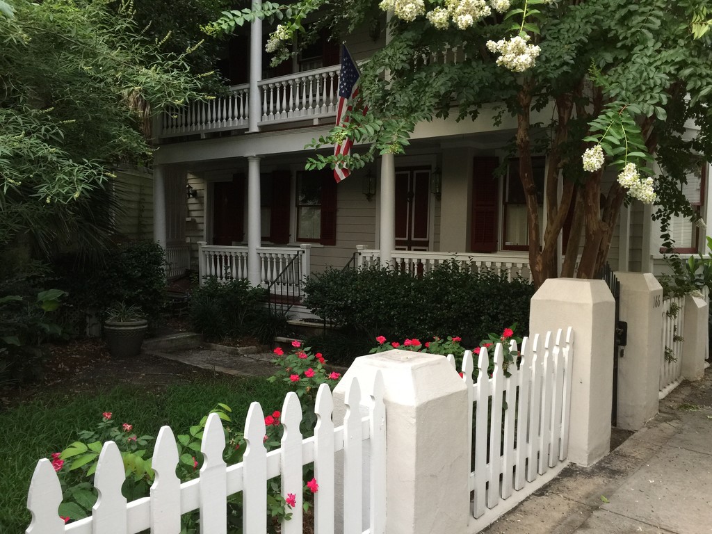 Picket fence, roses and old house.  Historic district, Charleston, SC by congaree