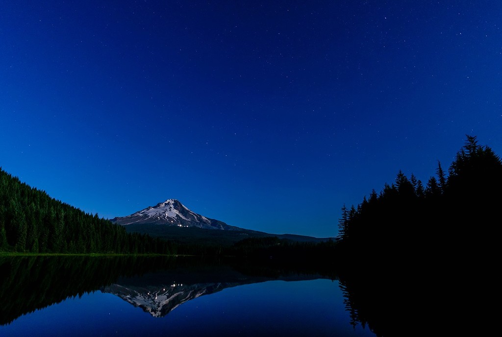 Full Moon Shining On Mt Hood Reflected During the Blue Hour by jgpittenger