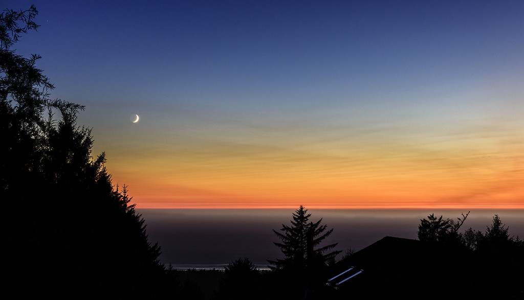Sunset from the Driveway with New Moon by jgpittenger