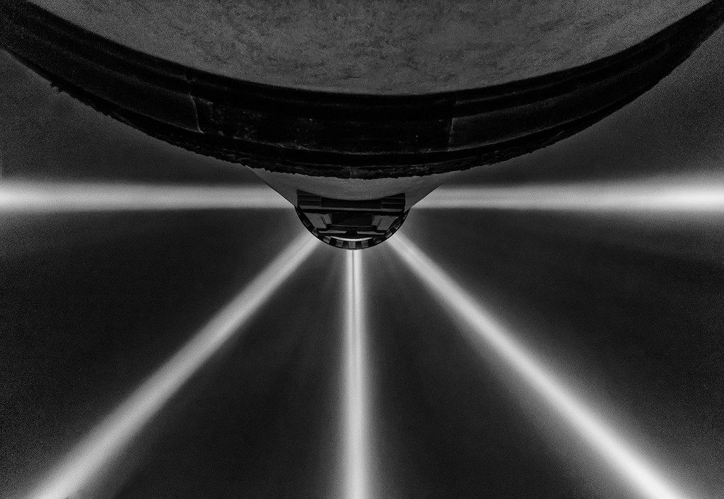 Looking Up at the Beams in the Fog b and w by jgpittenger