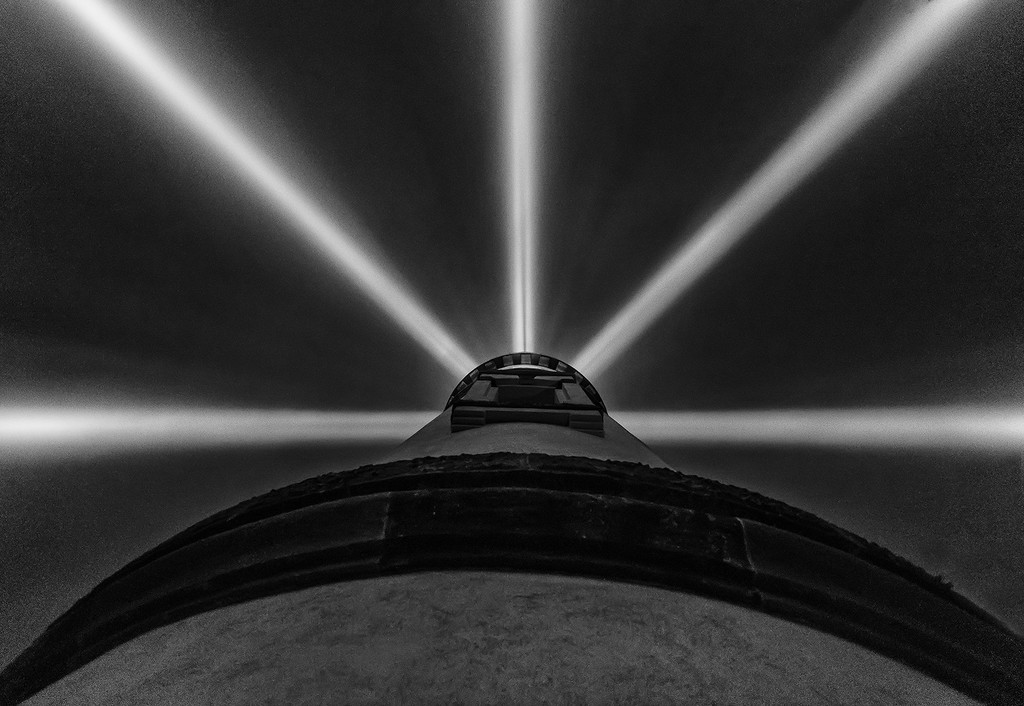 Looking Up at the Beams in the Fog b and w rotated  by jgpittenger