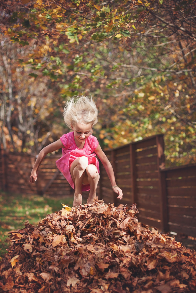 Jumping in the leaf pile by kiwichick