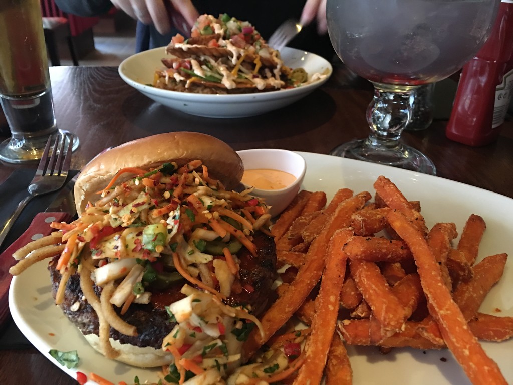 Bruce Lee burger and Sweet potato fries by bizziebeeme