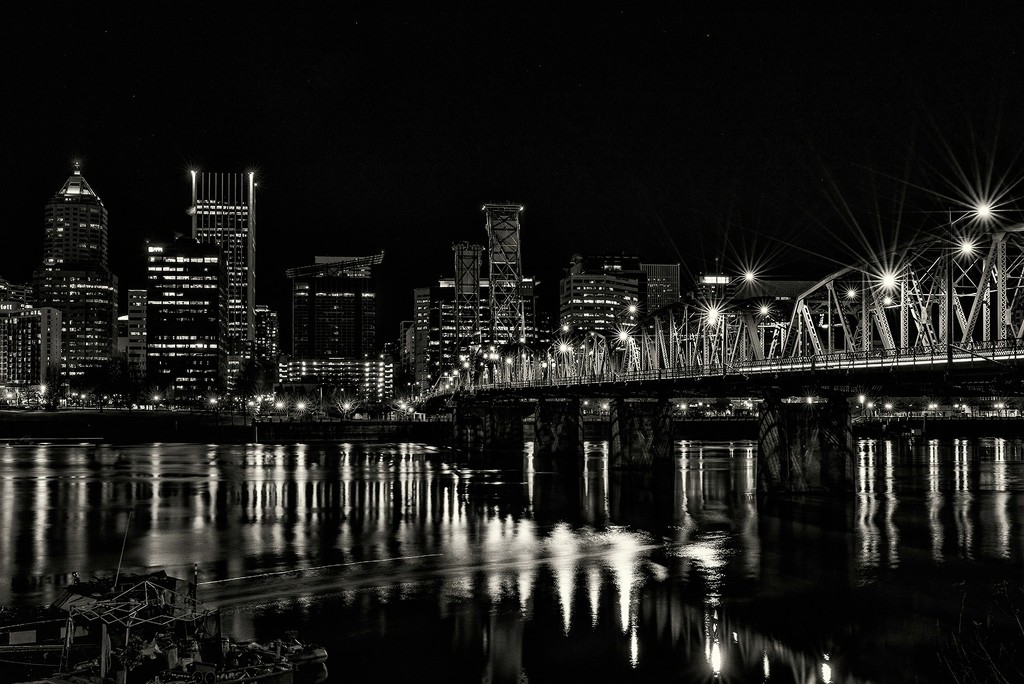 Hawthorne Bridge At Night with Kayak Motion Blur b and w by jgpittenger