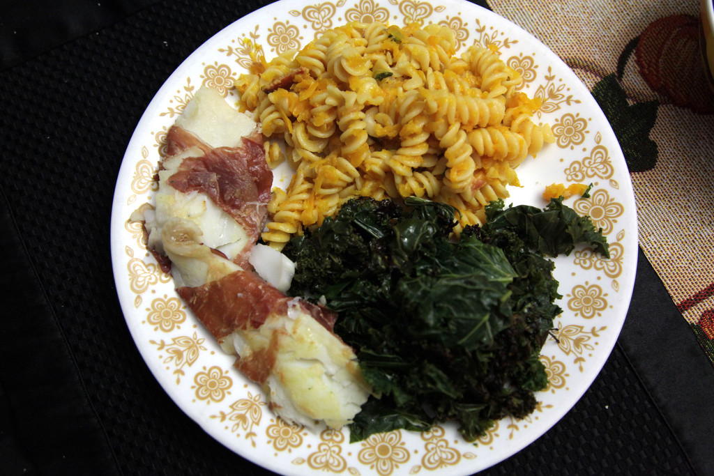Bacon Wrapped Cod & Butternut Squash Pasta by steelcityfox