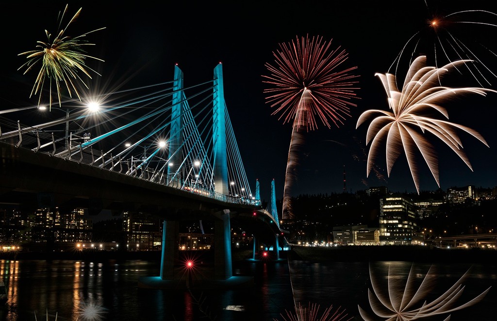 Fireworks At Tilikum Bridge by jgpittenger