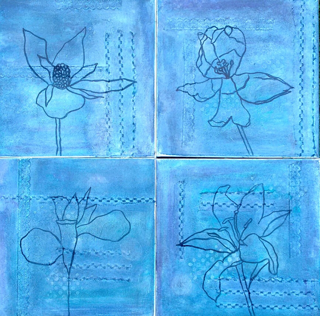 4 small canvases in progress by cpw