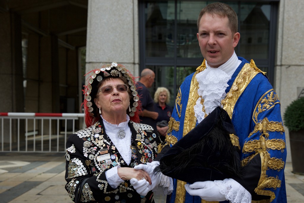 Doreen Golding Pearly Queen of  Bow bells and Old Kent Road and Westminster Lord Mayor, Steve Summers  at the Pearly King and Queens Harvest Festival at Guildhall Yard in London. by seattle