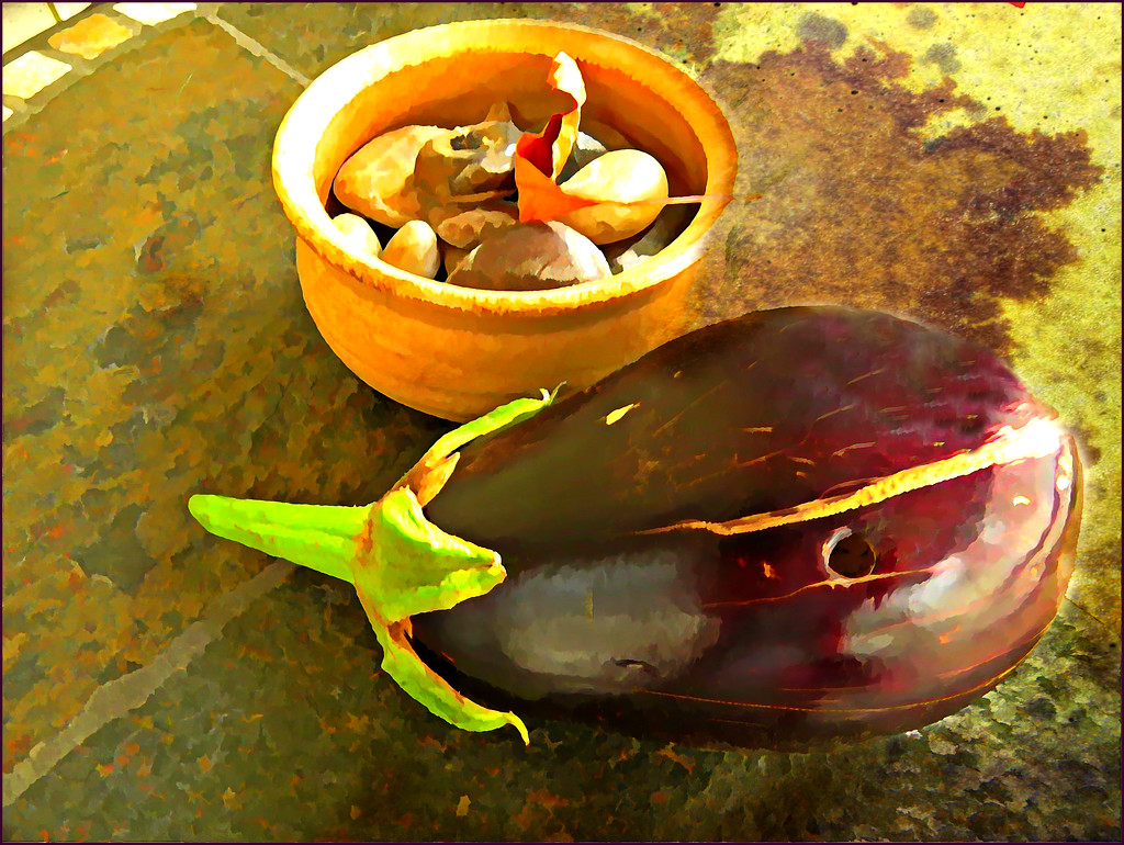 Eggplant on a Stone Table by olivetreeann