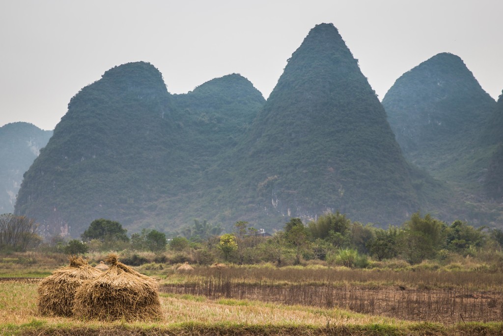 Haystacks Against the Guilin Mountains by jyokota