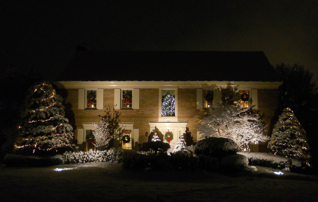 Decorated house on a cold snowy night. by mittens
