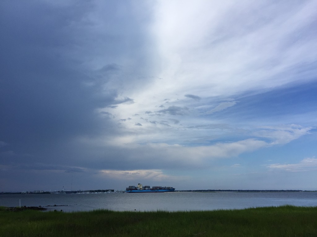 Cargo container ship leaving Charleston Harbor by congaree