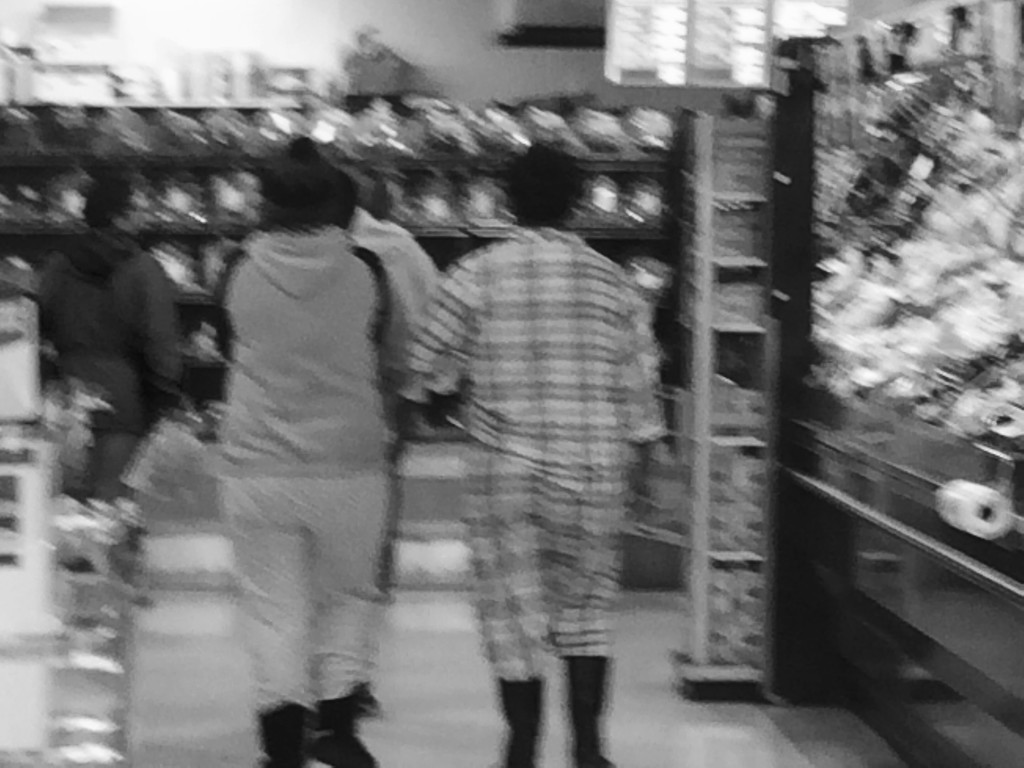 Would you go shopping in p js? Spotted this lady doing just that in pjs and gumboots . by Dawn