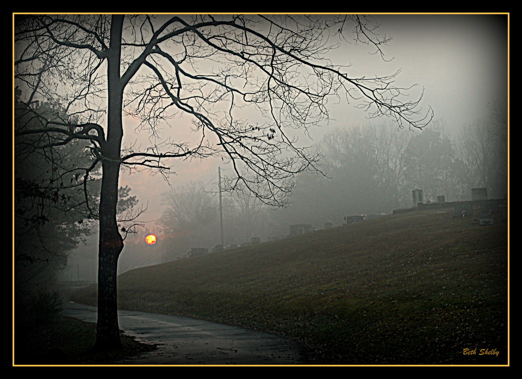 Foggy Graveyard At Sunset by vernabeth