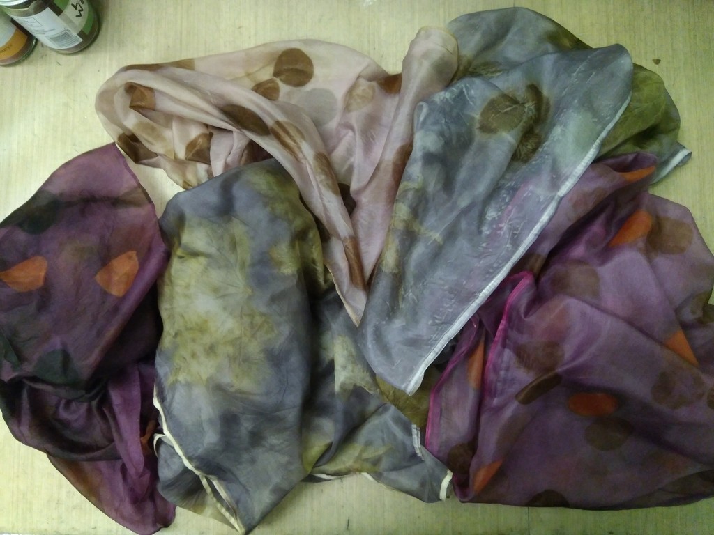 More ecoprinted and natural-dyed silk scarves by cpw