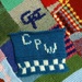 Knitted squares - my initials then, when I started the blanket, and now. by cpw