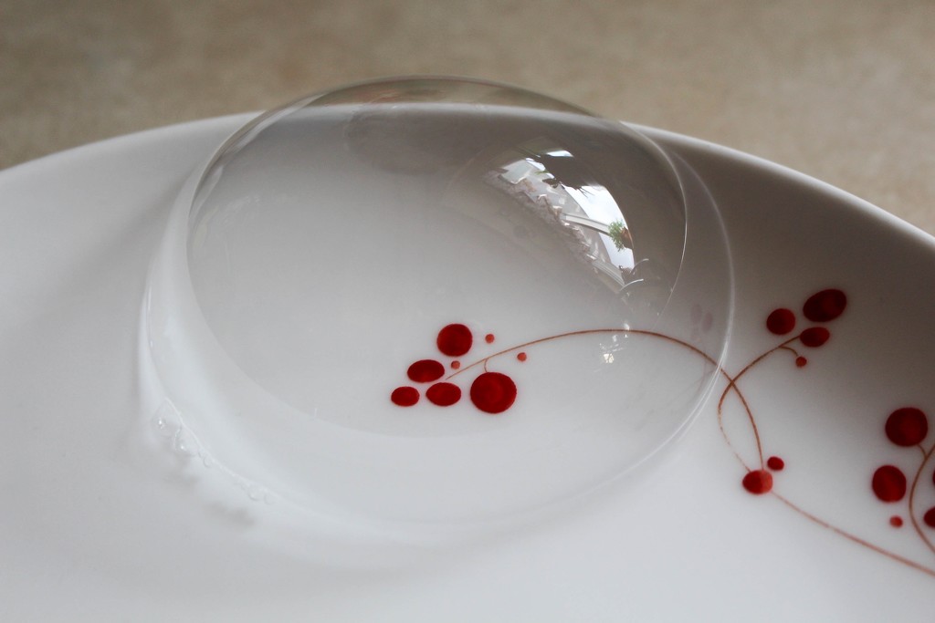 A plate with red and a bubble on it by mittens