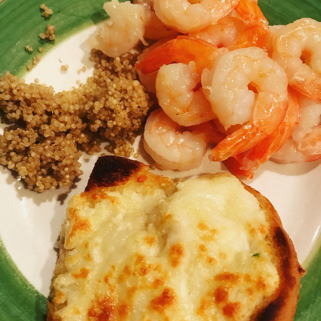 Shrimp, quinoa, cheesy garlic bread by kerristephens