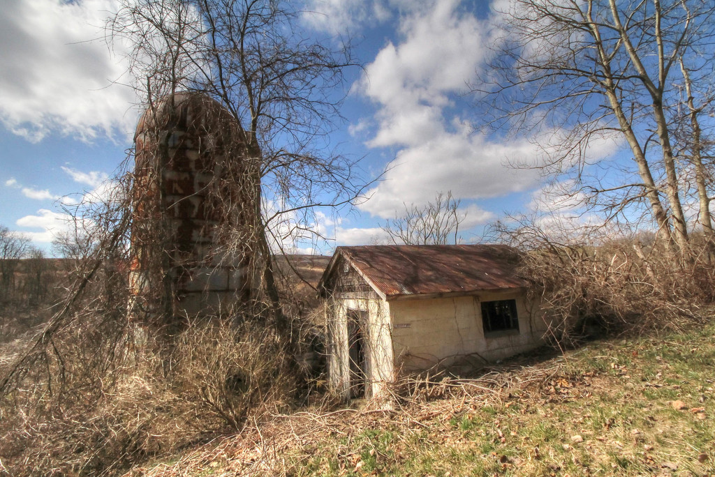 Abandoned silo and shed by mittens