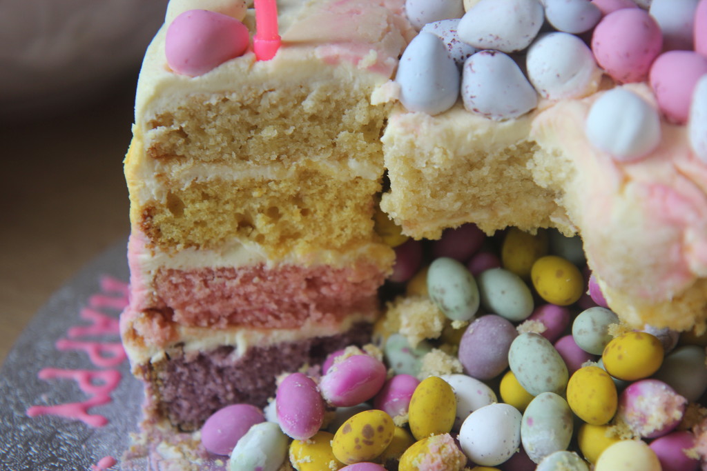 Rainbow Pinata Cake Interior by cookingkaren